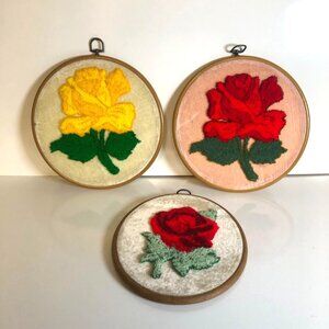 Rose Punch Art Embroidery Wall Art Set Of 3 Vintage Yellow & Red Flowers